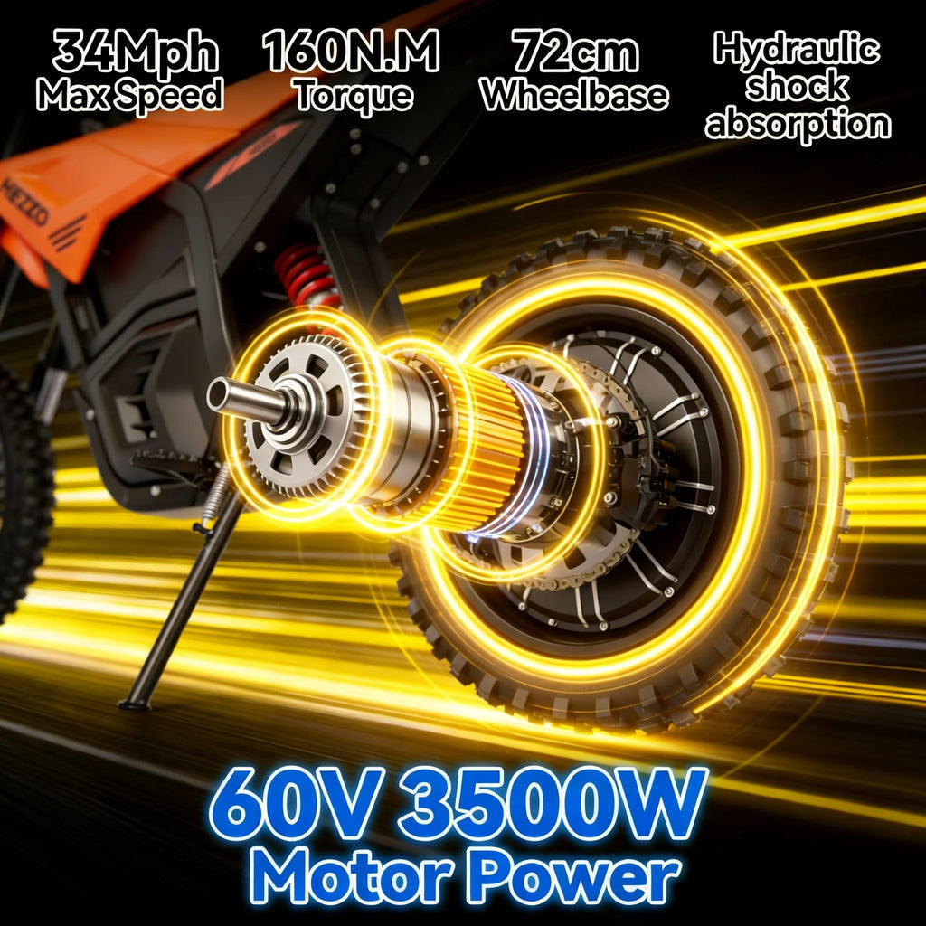 HEZZO D3 60V 3500W Electric Dirt Bike For Teens - 50MPH With Hydraulic Brake Vibrant Orange High Performance Motocross E-Bike