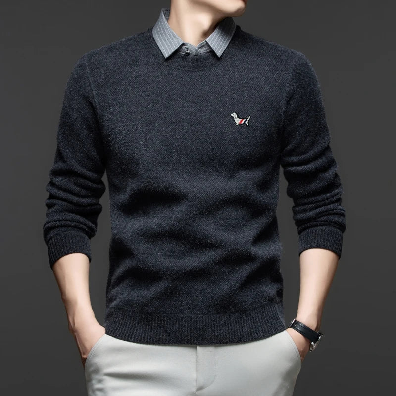 Luxury fake two piece men's knitted sweater fashion striped lapel pullover new thickened warm casual cartoon dog embroidered top