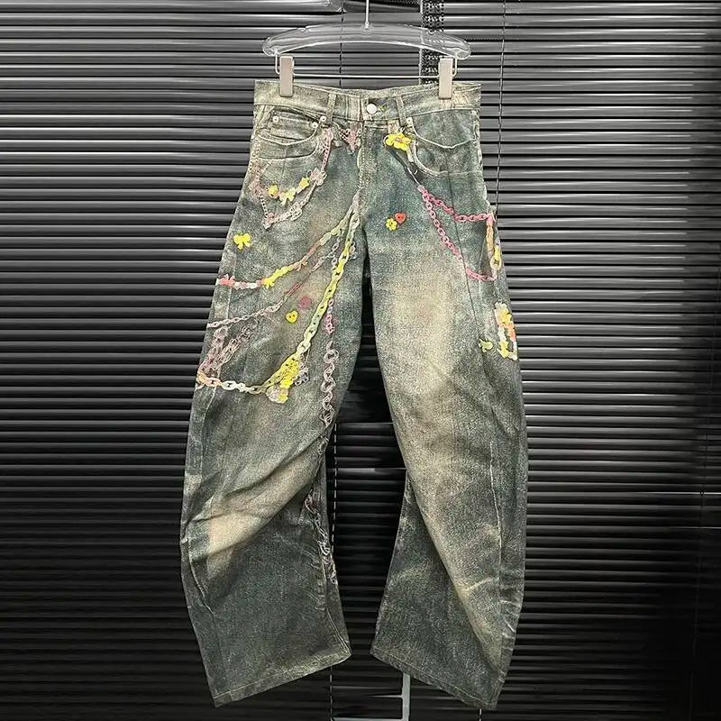 DEAT Fashion Women's 3D Chain Printed Contrast Color Jeans Niche Design High Waist Casual Denim Pants Female Trendy 11A04071