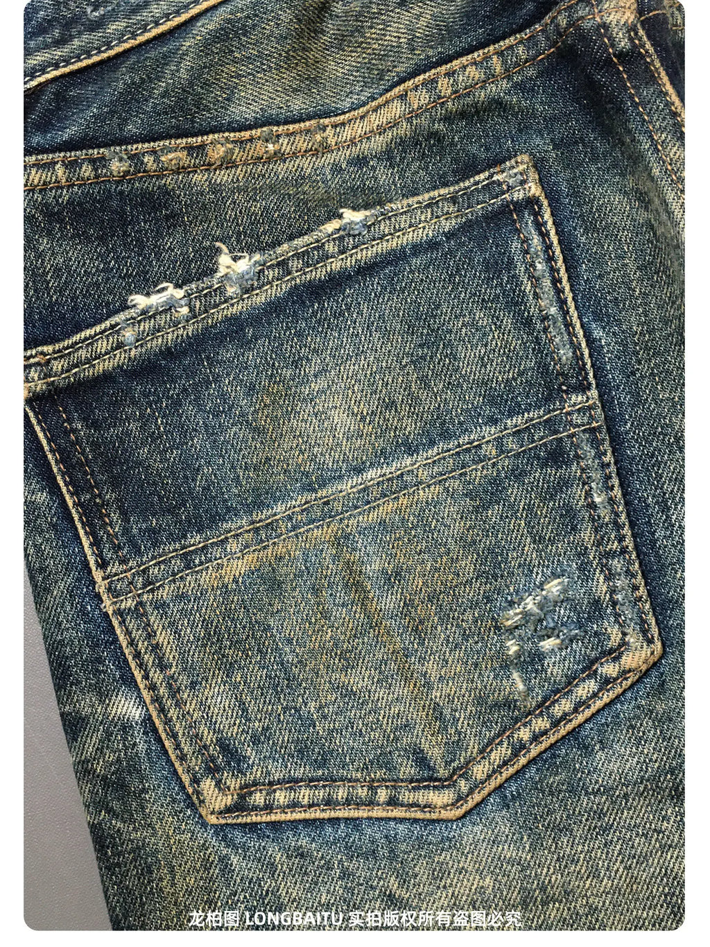 Heavyweight American Retro 100% Cotton Jeans for Men High-Street Ripped and Patched Non-Stretch Premium Loose Straight-Leg Pants