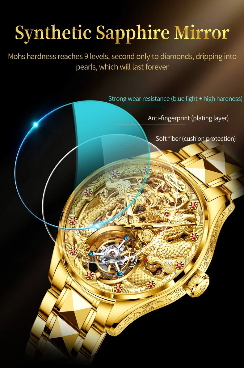 100% Golden Dragon OUPINKE 3176 True Tourbillon Watch Brand Luxury Tungsten Steel Men Automatic Mechanical Watch Reloj Hombre