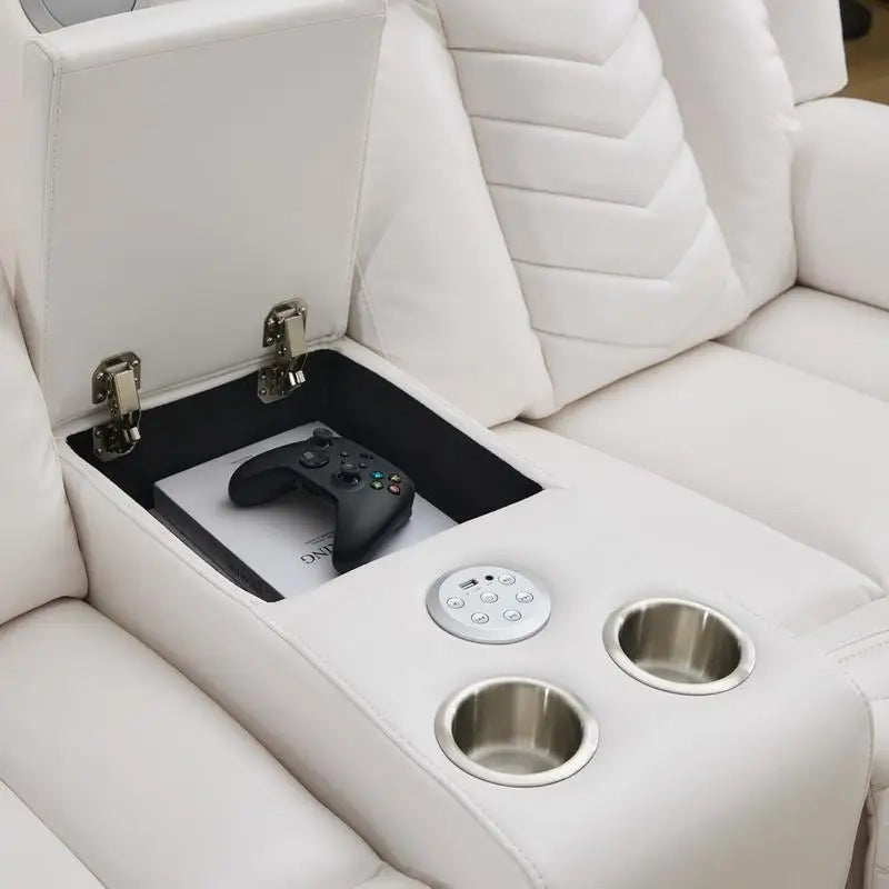 Power Reclining Sofa Set, 3-Piece Tech Leather Loveseat with Wireless Charger and LED Strip for Living Room, White Color