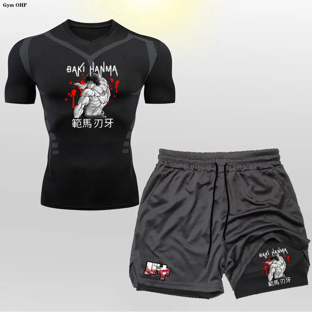 Anime Baki Sport Suits Runing Compression Shirt Shorts Sets Gym Fitness Jogging Training Rashguard Sportwear 2 in 1 Mens