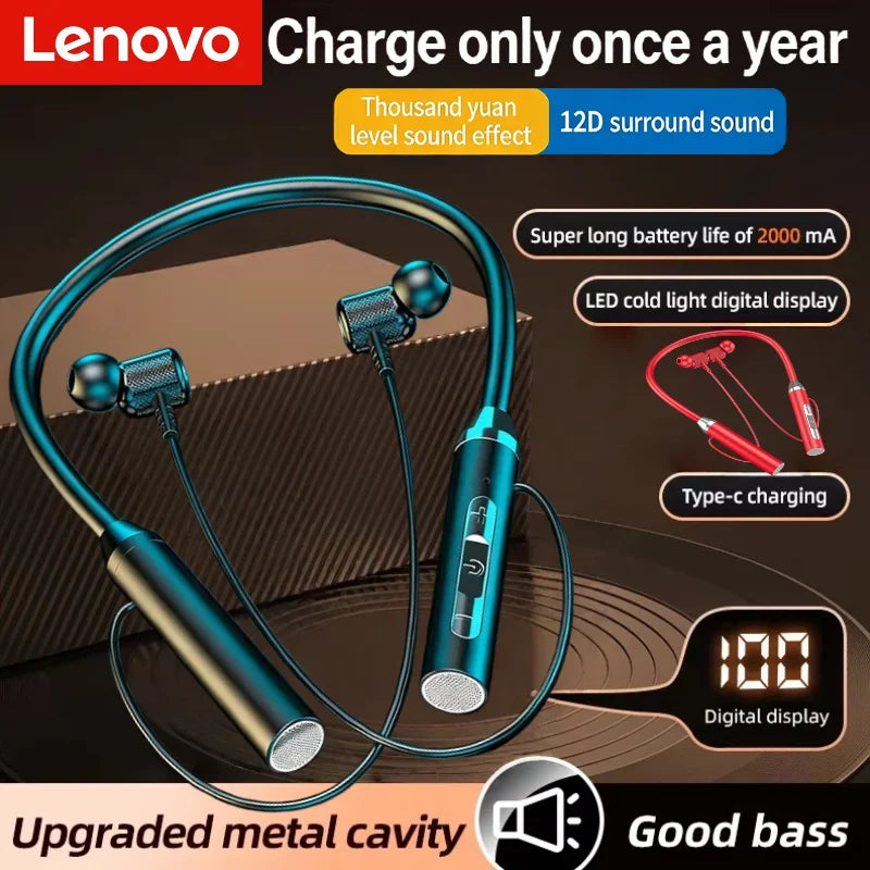 Lenovo Wireless Bluetooth Earphones Neckband Headphones Game StereoSports Headset Halter Waterproof Magnetic Earbud LED Display