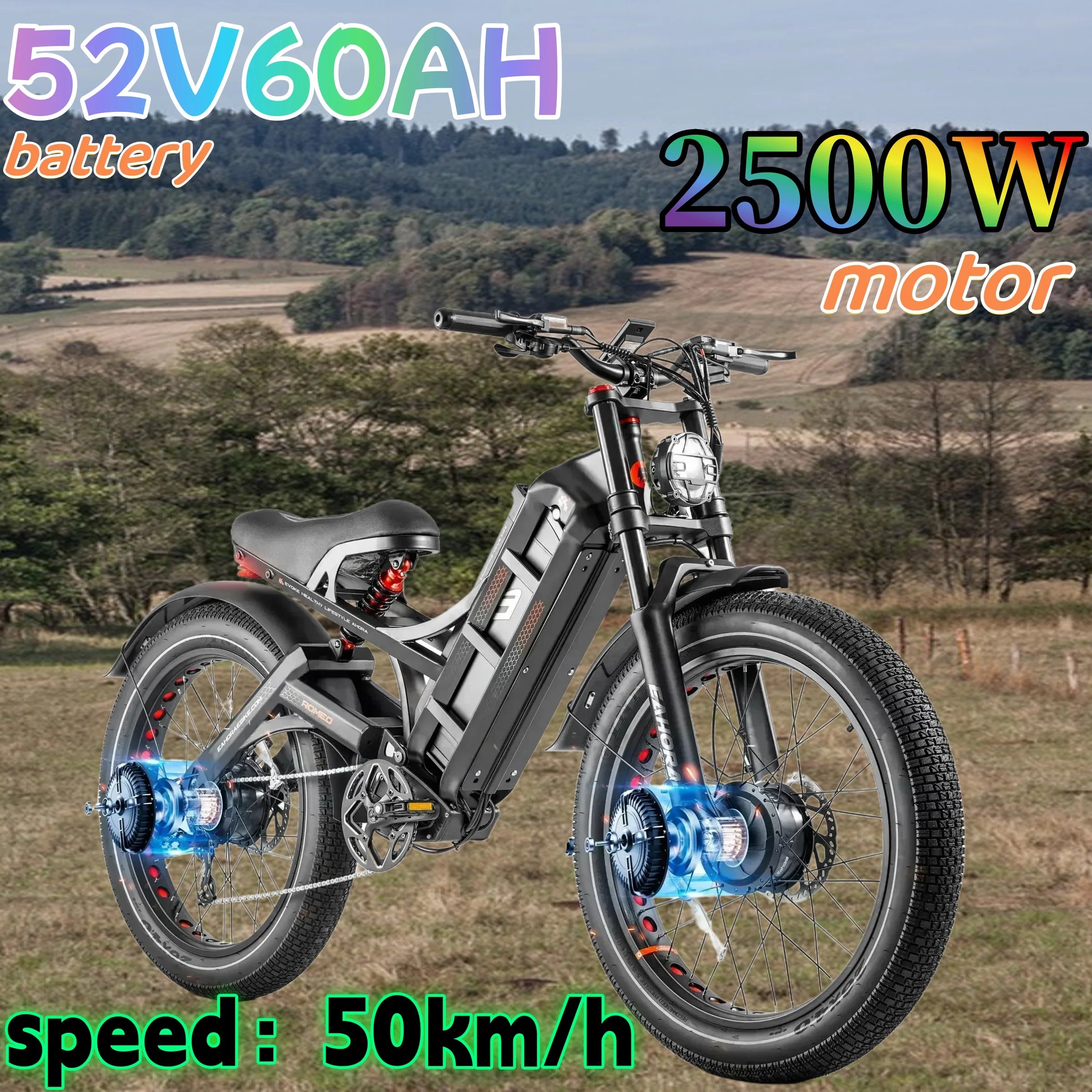 Adult High Power 2500W Off-Road Electric Bike Dual Motor 52V 60AH Lithium Battery Hydraulic Suspension E-Bike for Mountain