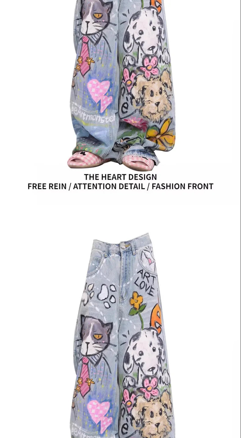 Blue Cartoon Doodle Printed Jeans American Vintage Casual Straight Loose High Street Wide Leg Baggy Y2k Streetwear Denim Pants