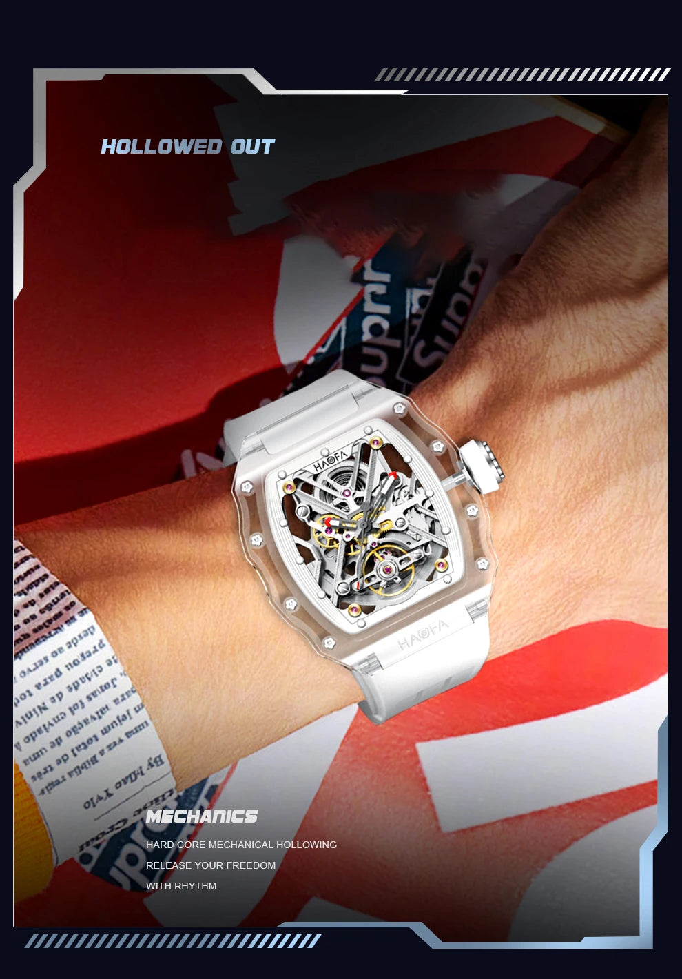 Haofa Transparent Crystal Glass Case Men's Watch Fully Automatic Mechanical Movement Luminous Fashion Watches For Man 2202