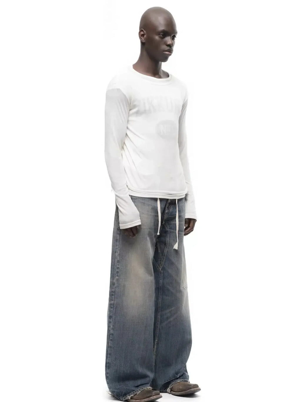 No faith studios washed pussy whiskers made old handmade ripped loose wide legs light blue jeans