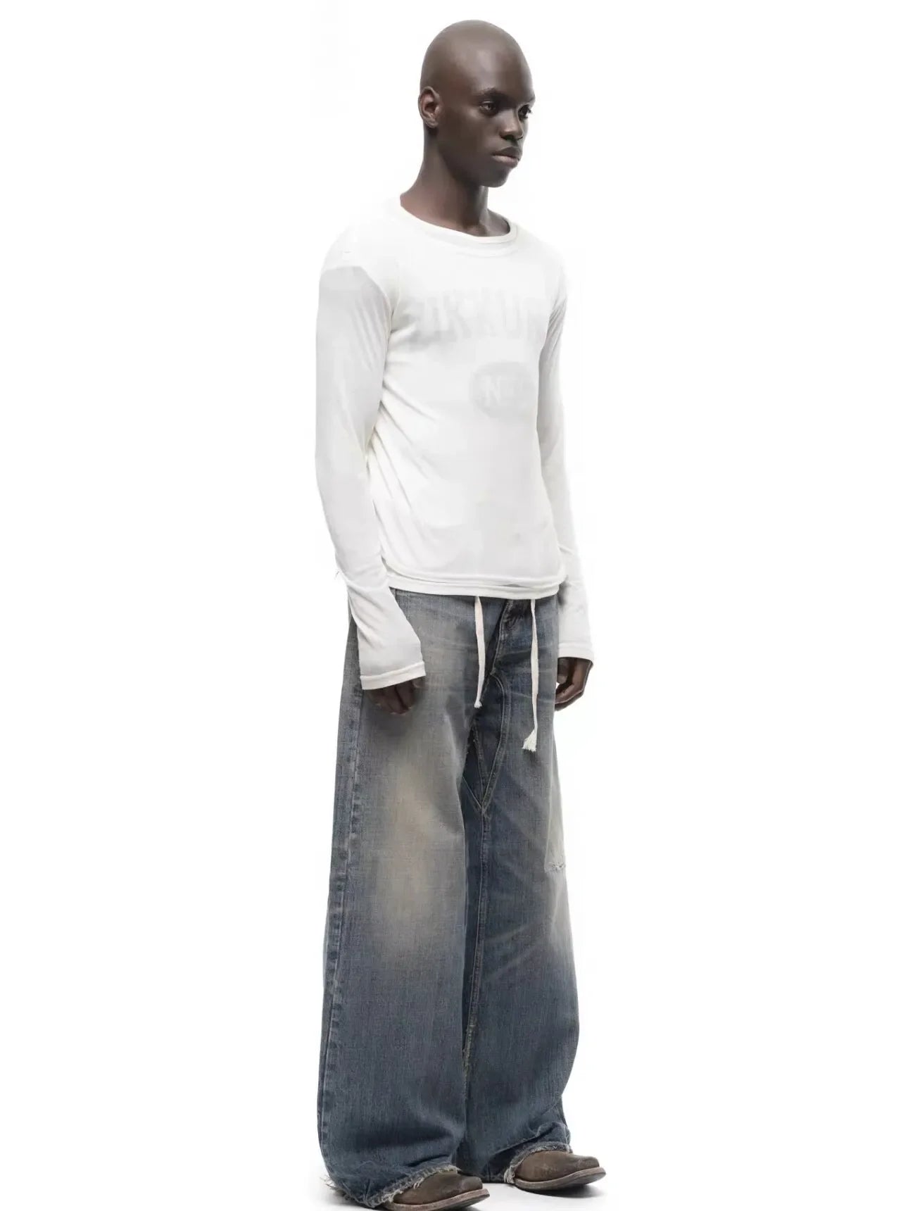 No faith studios washed pussy whiskers made old handmade ripped loose wide legs light blue jeans