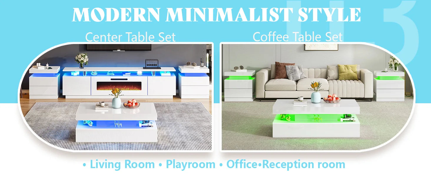High Gloss 3 Pieces Living Room Table Set, Modern LED Coffee Table Sets of 3, 2-Tier Center Table with 2 End Side Tables, White