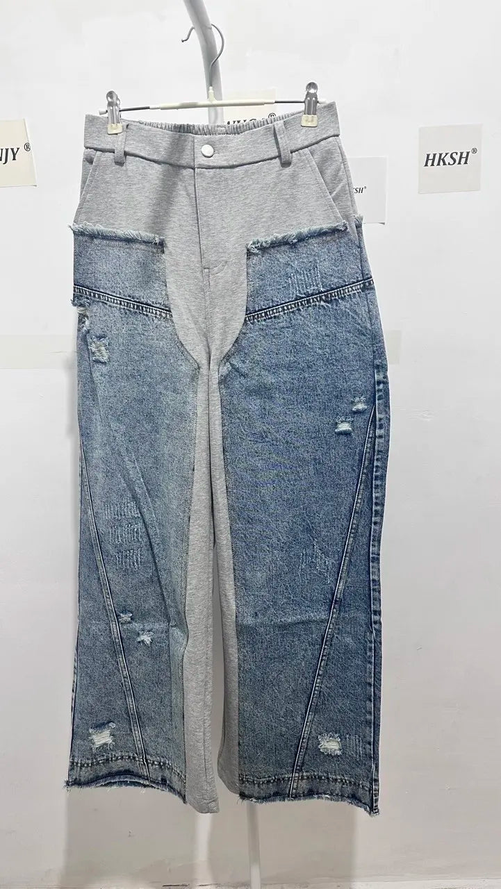 HKSH Spring Autumn New Men Trend Ripped Frayed Denim Patchwork Jacket Elastic Waist Wide-Leg Pants Fashion Two-Piece Set HK16899