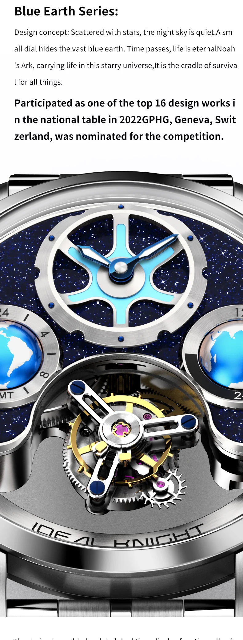 IDEAL KNIGHT Real Tourbillon Automatic Watches for Men 43mm Large Dial Blue Earth Series High-end Luxury Brand Mechanical Watch