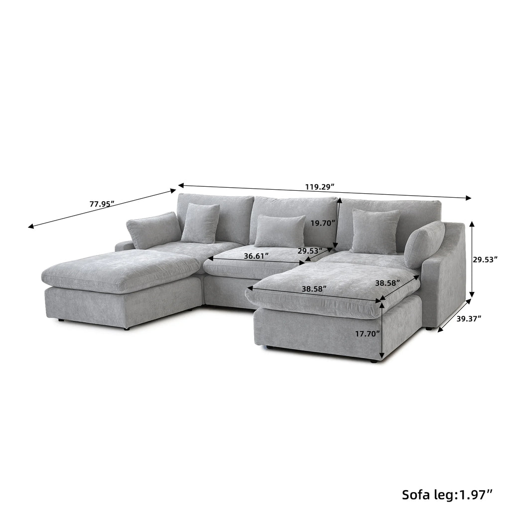Comfy Cloud Couch 120''  Modern Sectional Sofa for Living Room Down Filled Couch with Ottoman U Shaped 5 Seater Convertible Sofa