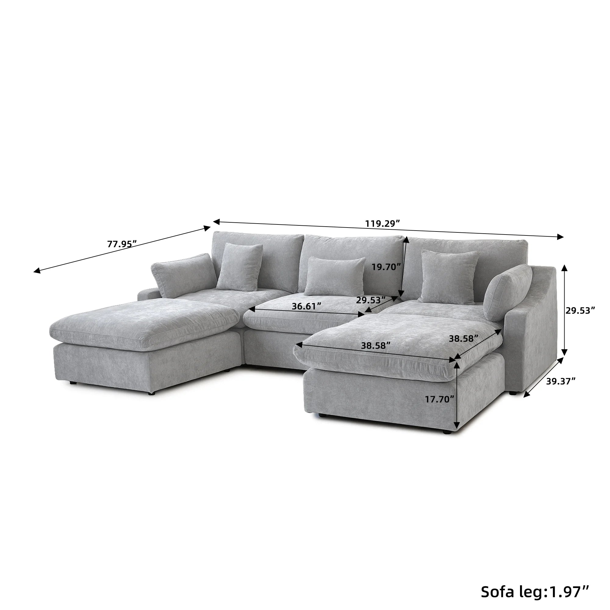 Comfy Cloud Couch 120''  Modern Sectional Sofa for Living Room Down Filled Couch with Ottoman U Shaped 5 Seater Convertible Sofa