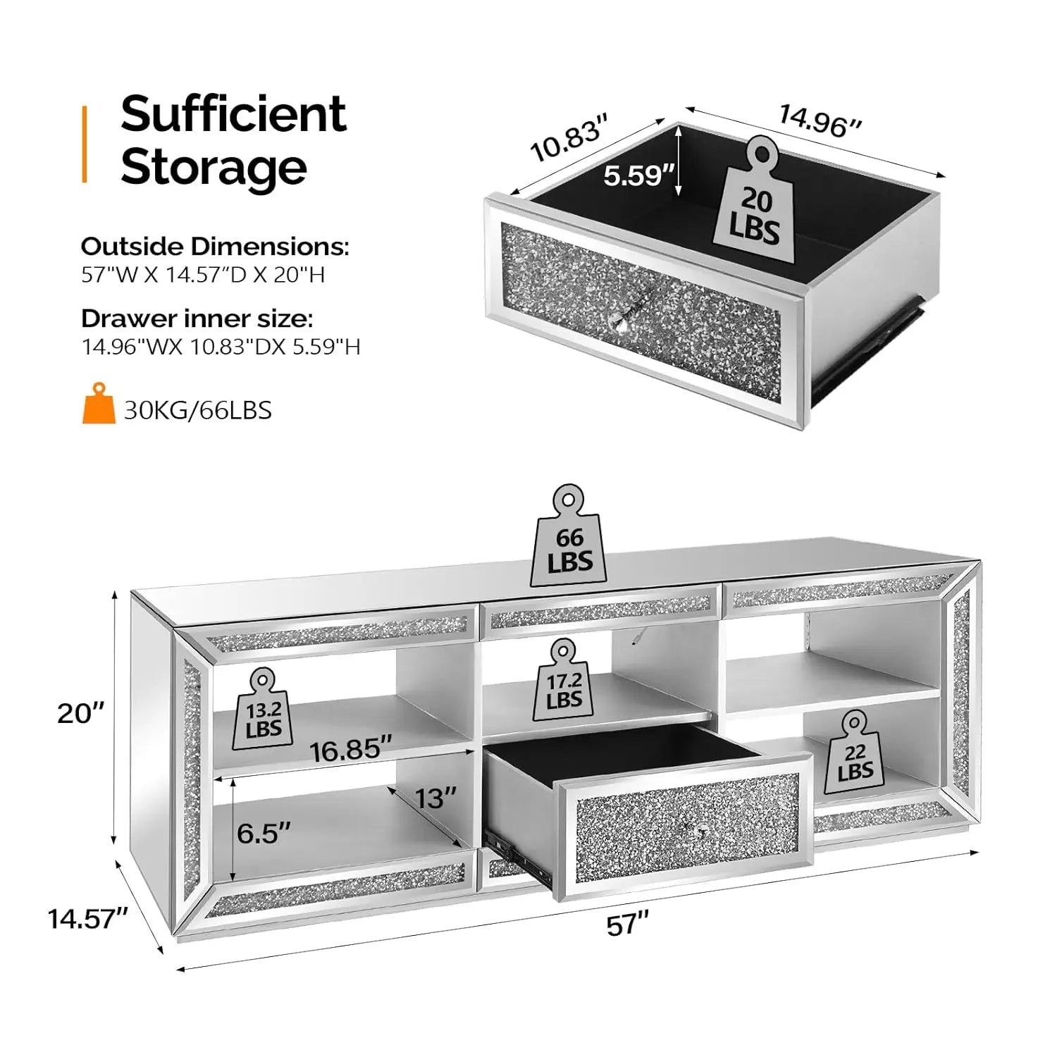 Mirrored TV Stand with Sparkling Diamonds & LED Lights for TVs Up to 65 Inch, Assembled Modern Entertainment Center with Drawer
