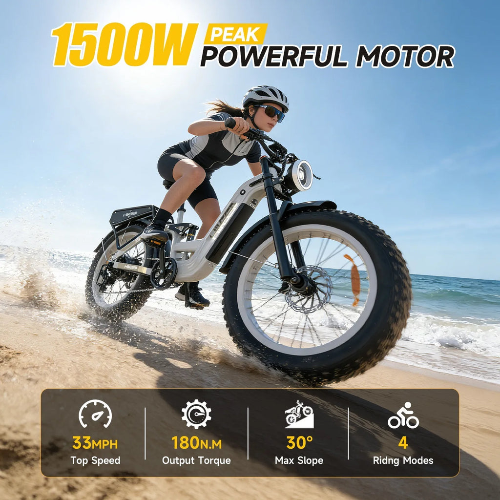 1500W Peak Electric Bike 48V 25Ah 26" Commuter E-Bike 30MPH Fat Tire bike