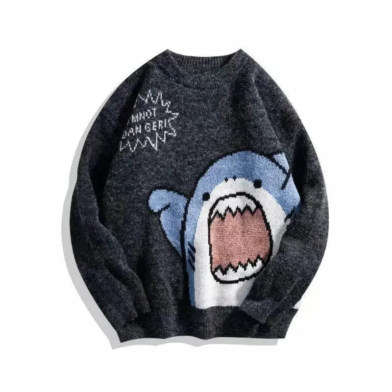 Autumn/Winter Japanese Cartoon Shark Round Neck Couple Sweater Men's Trendy Brand Loose-Fit Korean Knitted Top Hong Kong Style