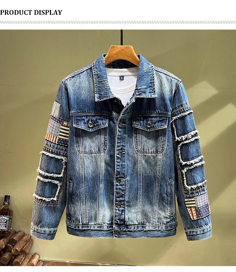 Streetwear Fashion Men Jacket High Quality Retro Blue Patched Designer Ripped Denim Jacket Men Coats Hip Hop Chaquetas Hombre