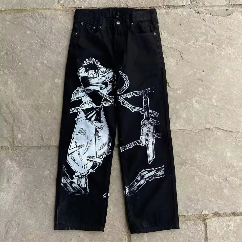 New Trend Printed Demon Slayer One Piece Jujutsu Kaisen Anime Characters Teen Loose Casual Jeans Japanese Retro Straight Jeans