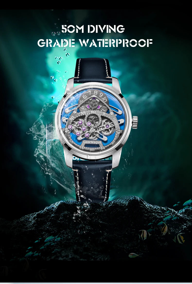 OBLVLO Men Automatic Watch 42MM Mechanical Wristwatch Luminous 50m Waterproof Sapphire Unique Concept Gear Dial SW200