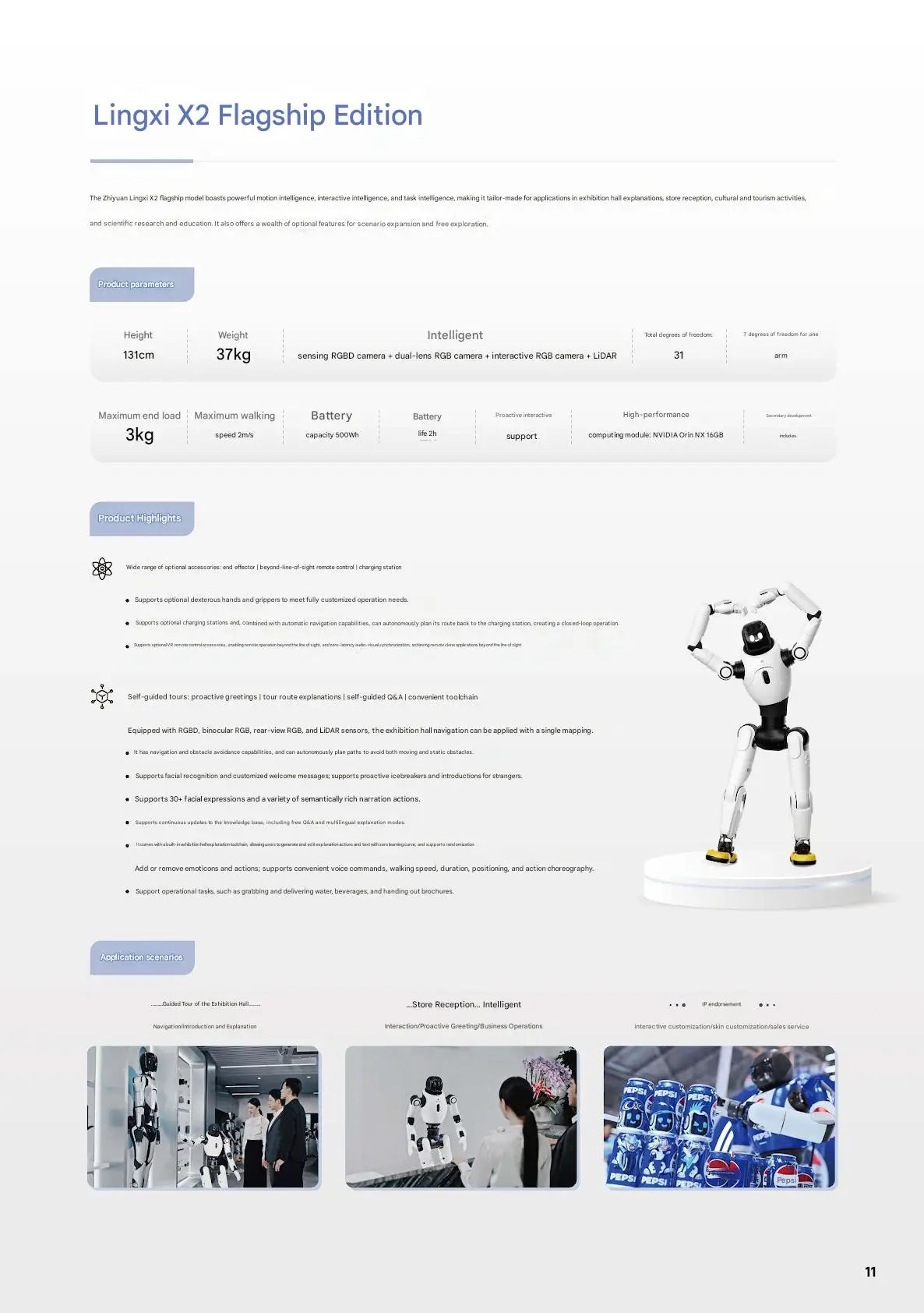 Humanoid robot with hot swappable 500Wh battery and optional charging station for continuous daily operation