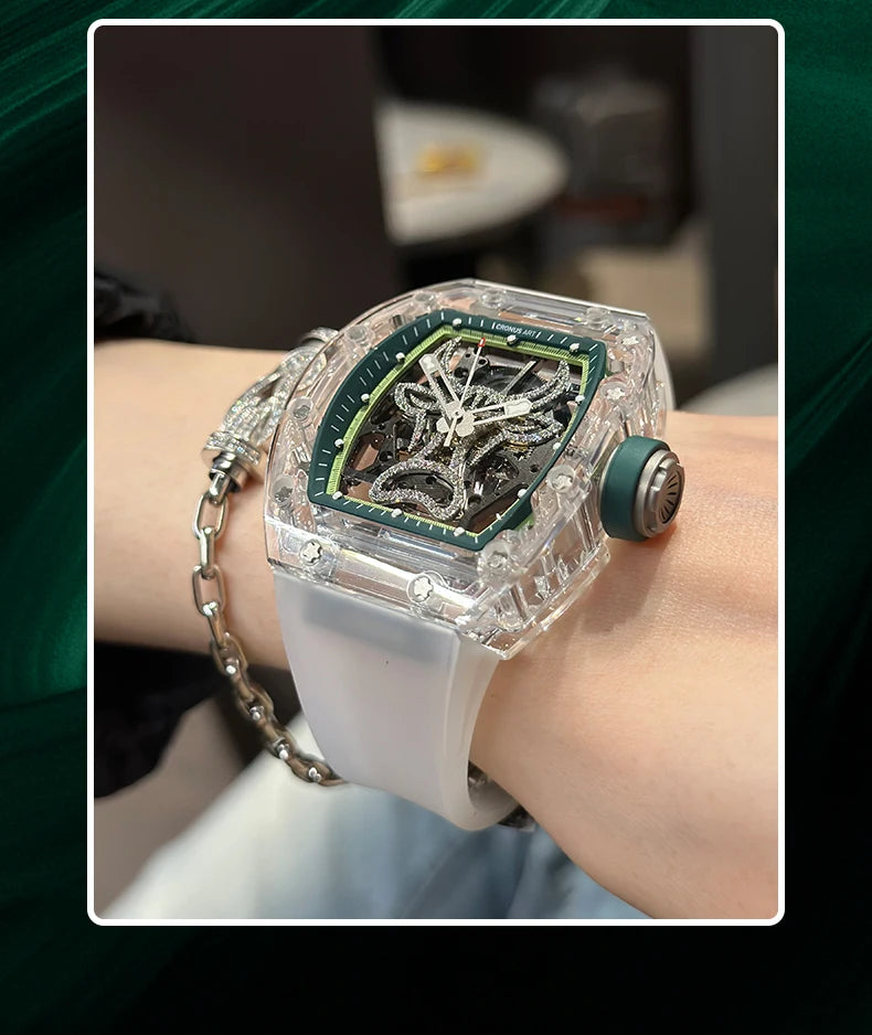 CRONUSART Men Automatic Watch 50mm Tonneau Mechanical Wristwatch Sapphire Case & Mirror Luminous FKM Strap Skeleton Bull Dial
