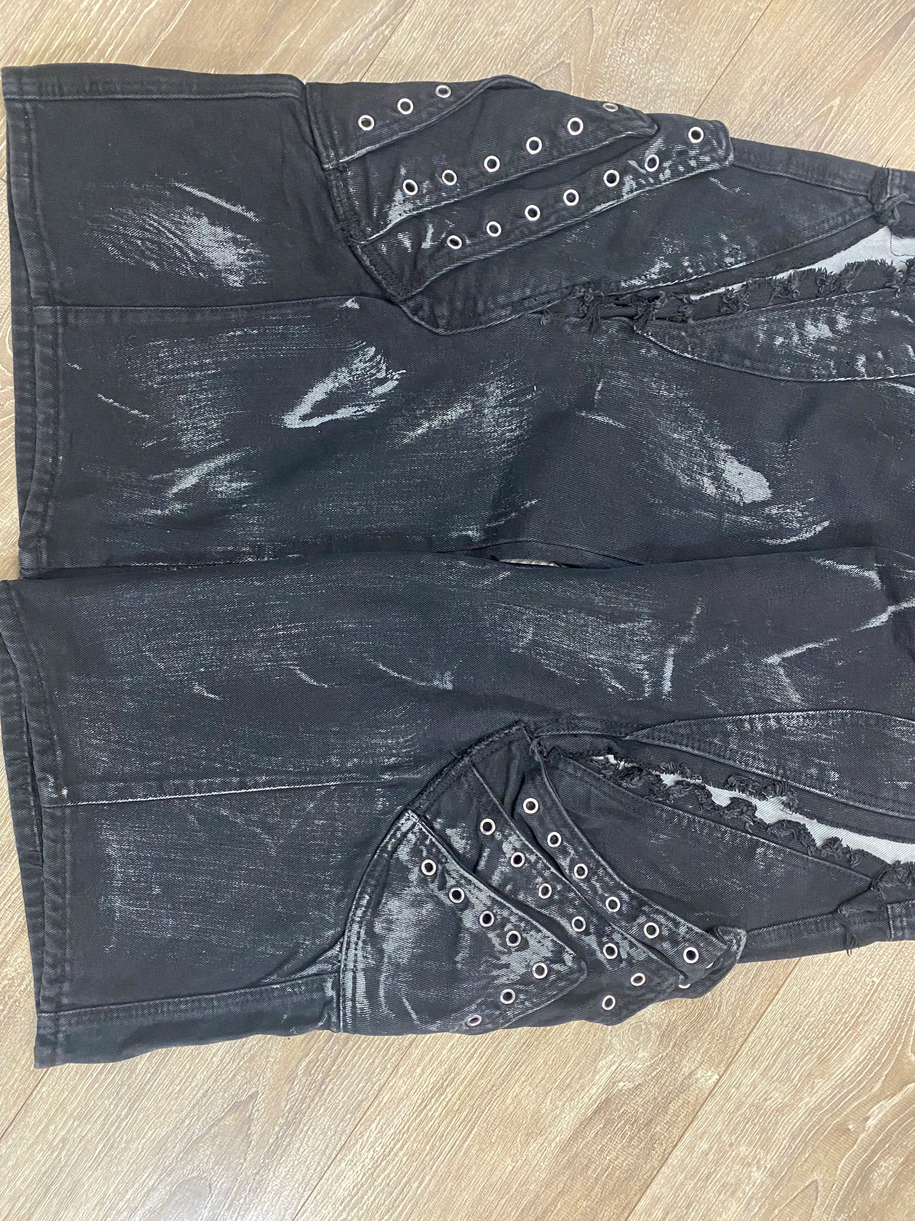 High Street Men's Denim Trousers Patchwork Contrast Color Drawstring Raw Edge Dirty-dying Worn-out Male Jeans New
