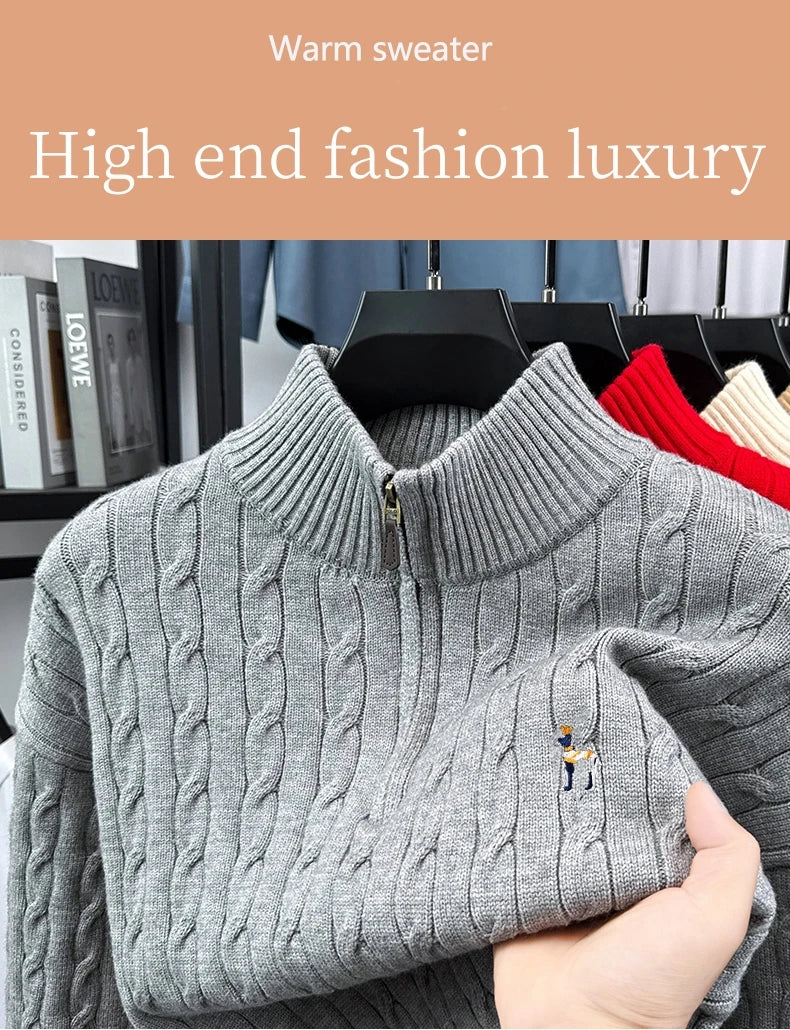 High end brand fashion jacquard sweater cartoon dog embroidery zipper semi high neck autumn winter warm men's knitted pullover