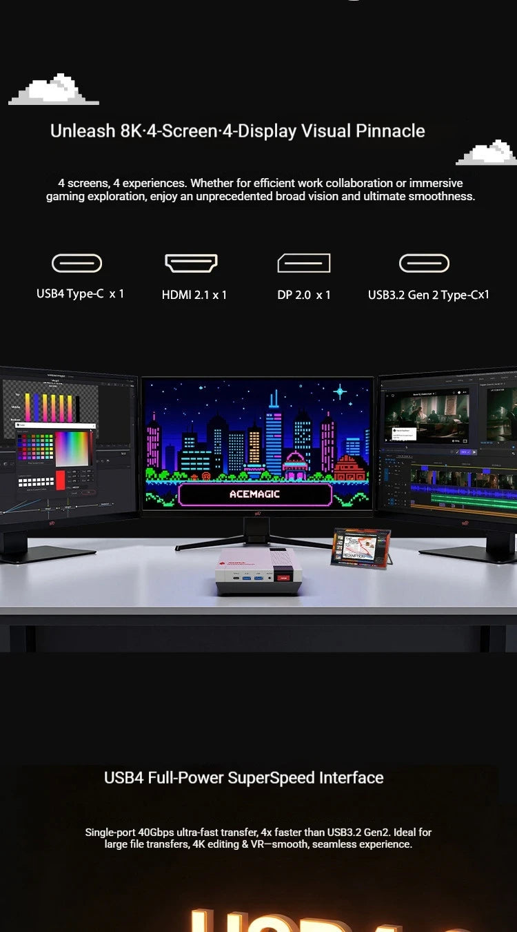 ACEMAGIC X5 Retro Mini Desktop PC AMD Ryzen AI 9 HX370 High Performance WiFi 7+BT5.4 DDR5 5600MHz PCle4.0x4 SSD Four-screen 8K