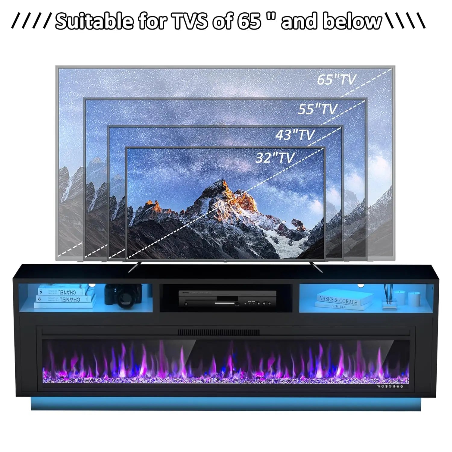 58" Fireplace TV Stand for TVs Up to 65" with 52" Electric Fireplace, TV Console for The Living Room, LED Light, Custom