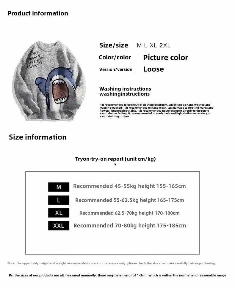 Autumn/Winter Japanese Cartoon Shark Round Neck Couple Sweater Men's Trendy Brand Loose-Fit Korean Knitted Top Hong Kong Style