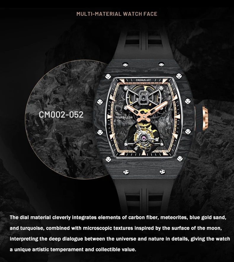 CRONUSART Men Tourbillon Watch 50mm Tonneau Mechanical Wristwatch Carbon Fiber Case & Dial Luminous Sapphire Mirror