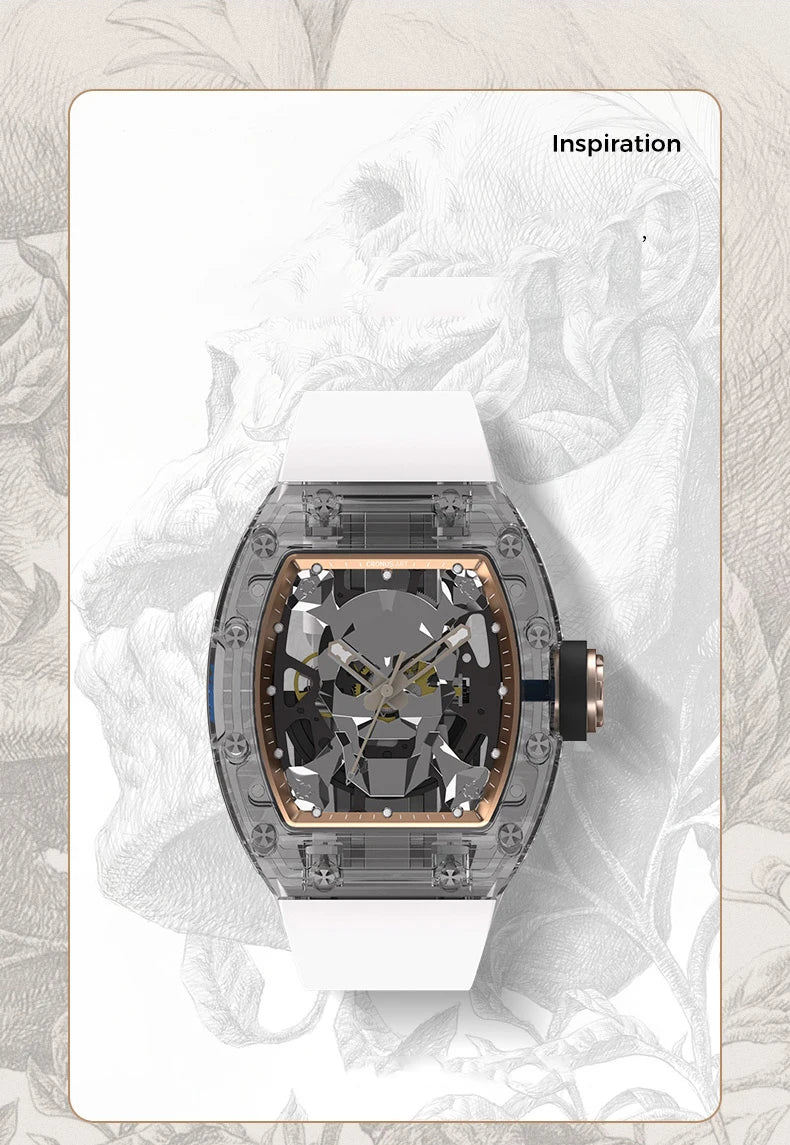 CRONUSART Men Automatic Watch 50mm Tonneau Mechanical Wristwatch Sapphire Case & Mirror Luminous Fluororubber Strap Skull Dial