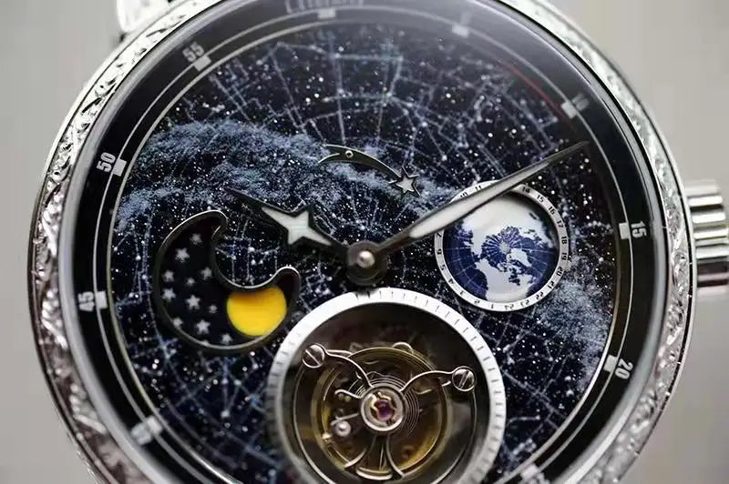 Super Mens Automatic Tourbillon Mechanical Watch Milky Way 3D Rotate Earth Moonphase Business Male Wrist Watches Luminous Dial