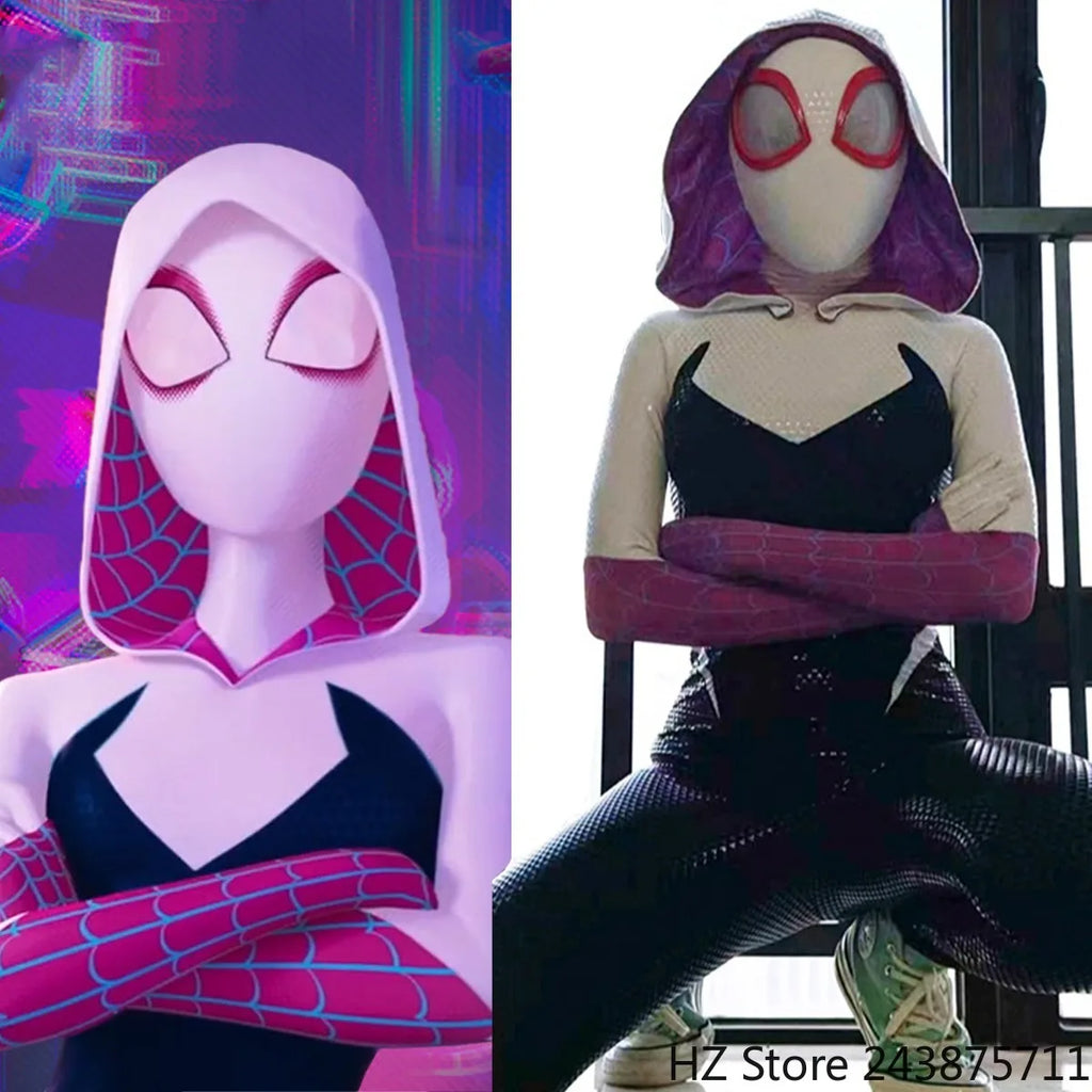 Hand-Printed Gwen Spider-Man  Jumpsuit with Mask 1:1 3D Handmade Customized Silk Screen Body Suit: Cosplay Costume