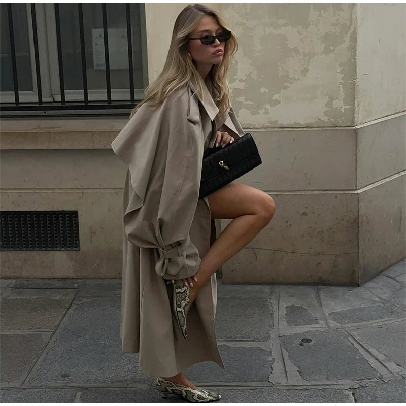Solid Lace Up Long Trench Coat Women Fashion Full Sleeve Lapel Single Breasted Loose Outerwear 2026 Lady Spring High Street Coat