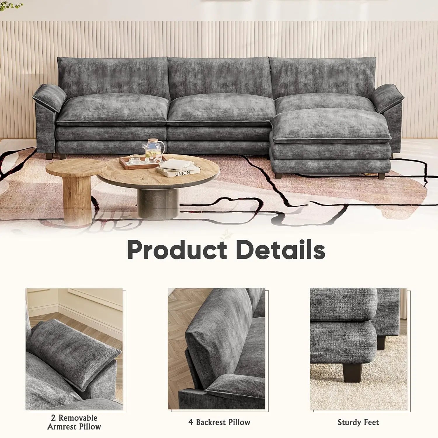119 Modular Sectional Sofa with Reversible Ottoman Deep Seat Chenille for Living Room, Custom