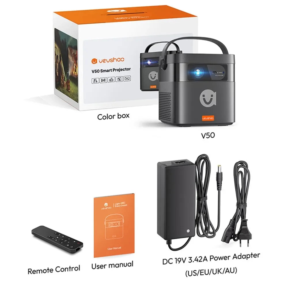 VEVSHAO V50 400ANSI DLP Projector Airplay Miracast 15000mAh Battery Android 9.0 TOF Focus 3D Portable Outdoor Movie Projector