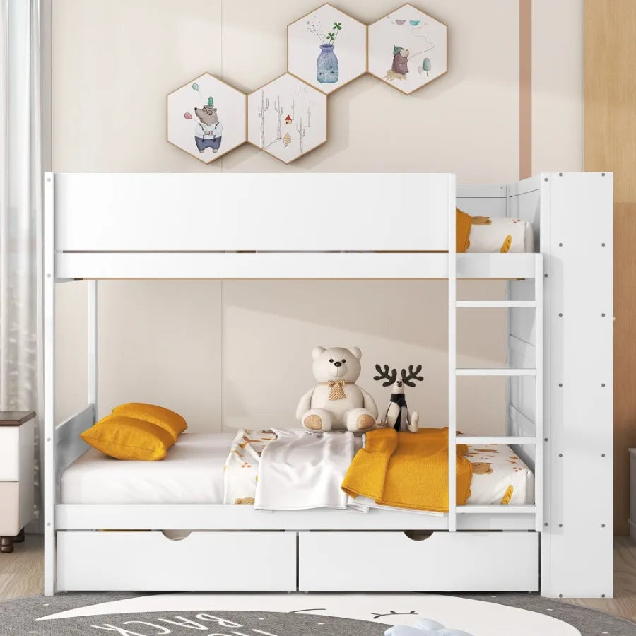 Full over Full Bunk Bed With 2 Drawers and Multi-layer Cabinet White