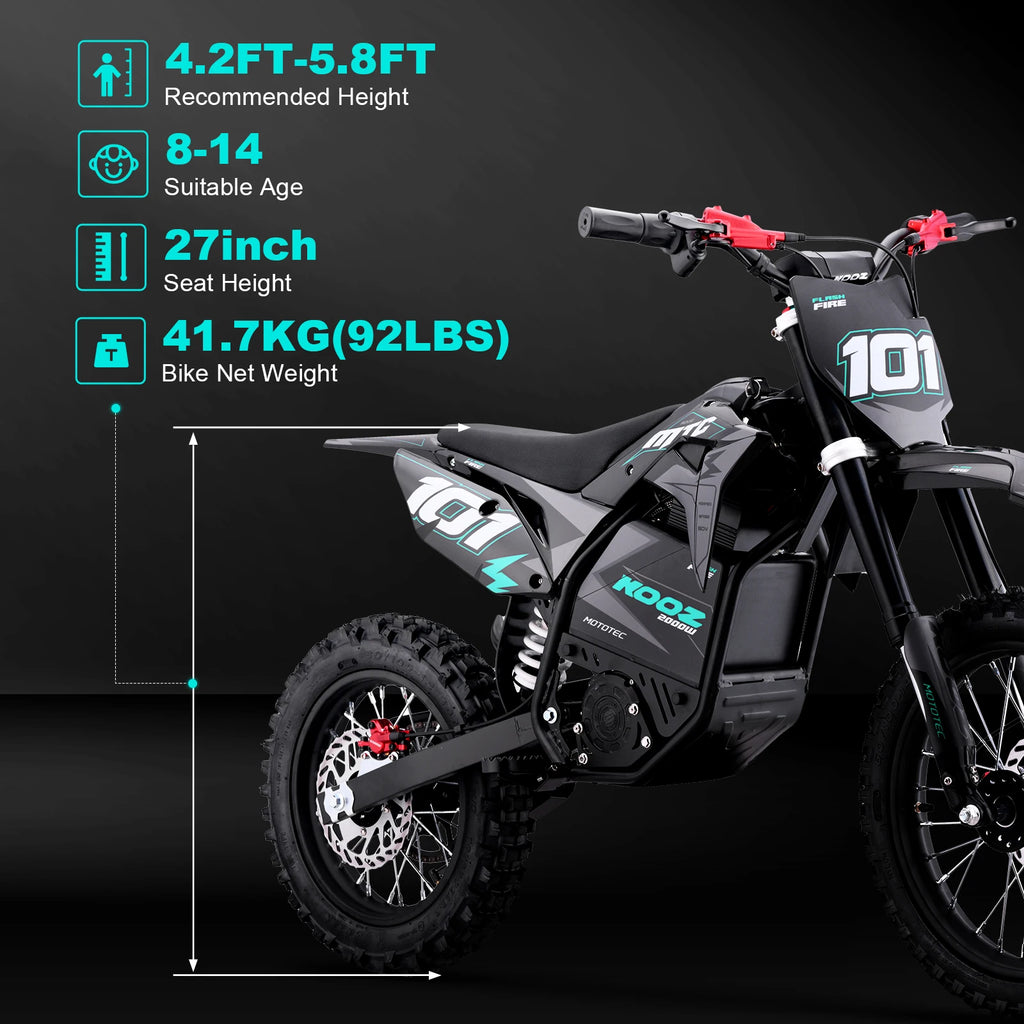 KOOZ HP115E 60V 2000W Electric Motorcycle for Kids and Teens,Electric Dirt Bike Up to 40 MPH & 18 Miles Long-Range.