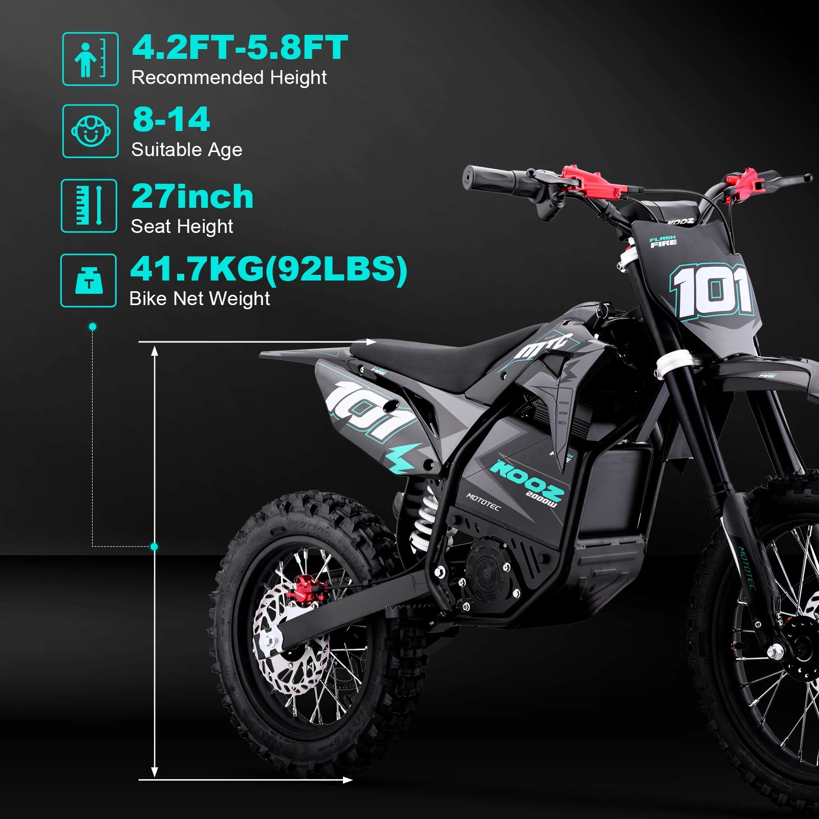KOOZ HP115E 60V 2000W Electric Motorcycle for Kids and Teens,Electric Dirt Bike Up to 40 MPH & 18 Miles Long-Range.