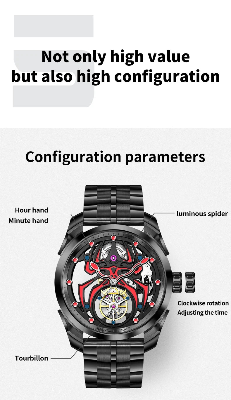 IDEAL KNIGHT 6802 Tourbillon Hollow Men Automatic Mechanical Watch Limited Edition Spider Dial HD Night Light Men Original Watch