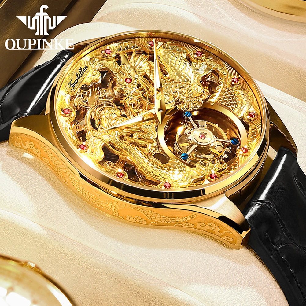 100% OUPNKE 3176 Authentic Tourbillon Men Watch Luxury 3D Relief Golden Dragon Watch Original Mature Automatic Mechanical Watch