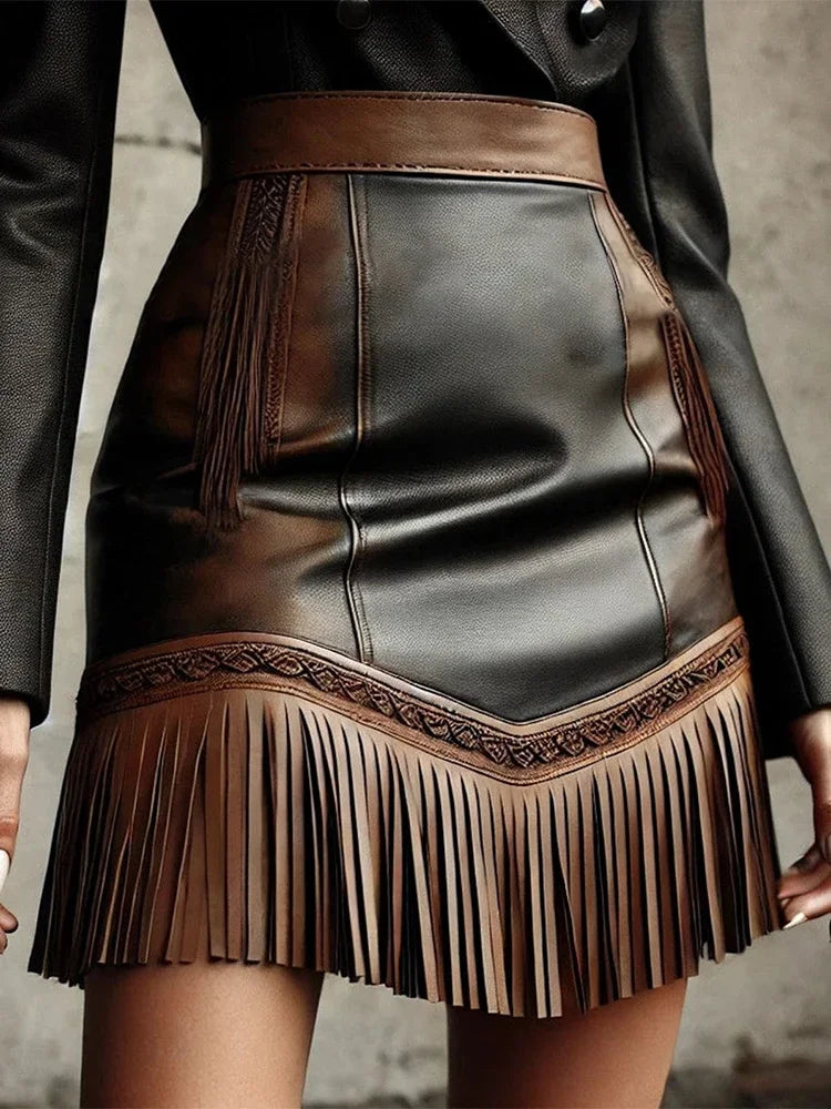 Vintage Western Fringe Hem Mini Skirt Fashion Women's Skirt  PU Leather Slim Fit High Waist Skirt Streetwear Short Skirts