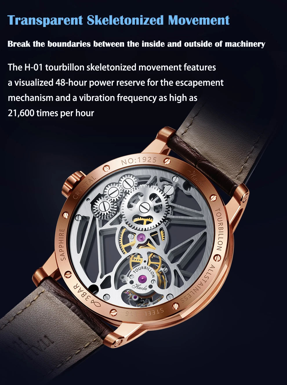 Haofa Skeleton Tourbillon Mechanical Man Watch 1925B Luxury Simple Hollow Tourbillon Movement Men Watches Business