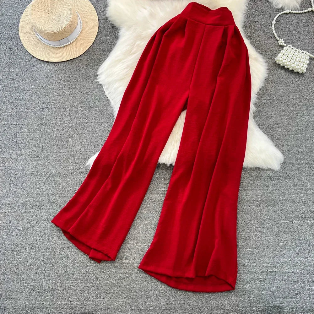 Green/Black/Red 2026 New Summer Two Piece Set Women Sexy Strap Short Tops + High Waist Wide Leg Pants Female Suit New