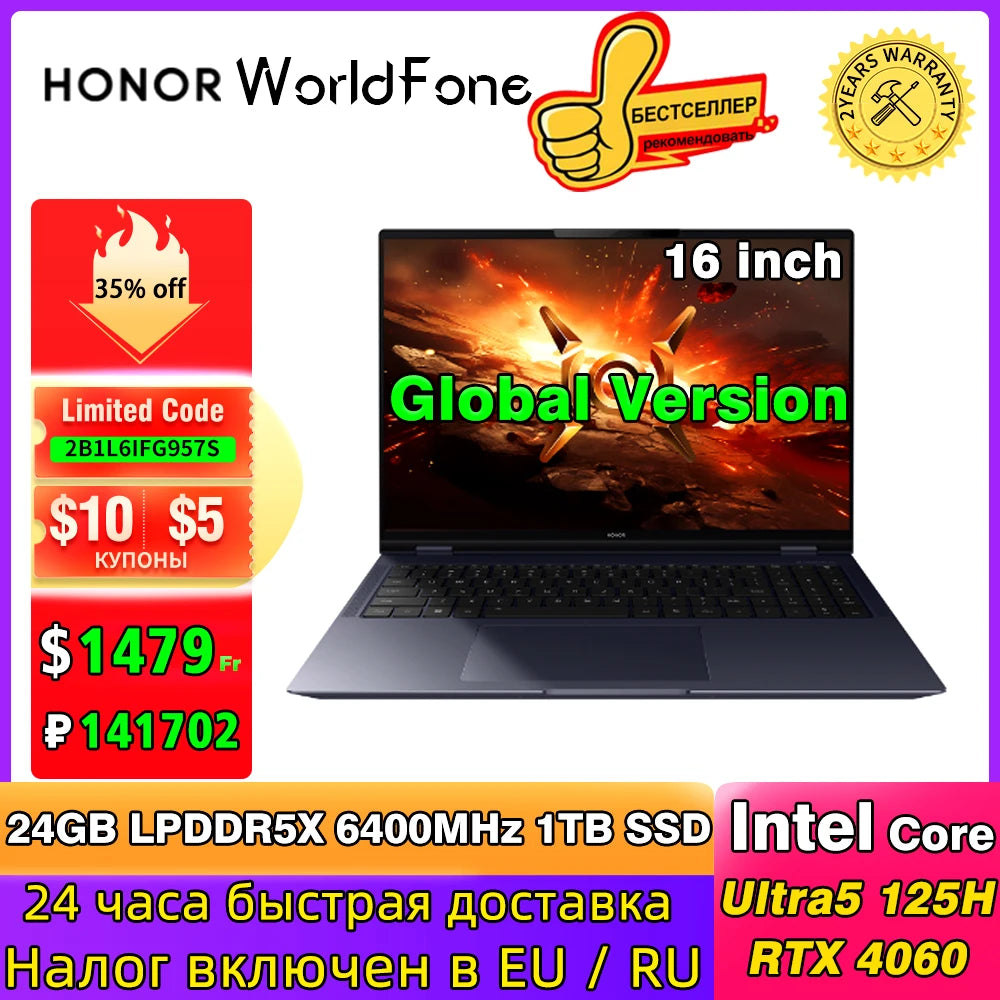 HONOR MagicBook Pro 16 HUNTER Gaming E-Sports Laptop Ultra5/Ultra7 24G/32GB 1TB RTX4060 165Hz 3K Screen Notebook IPS 16" PC