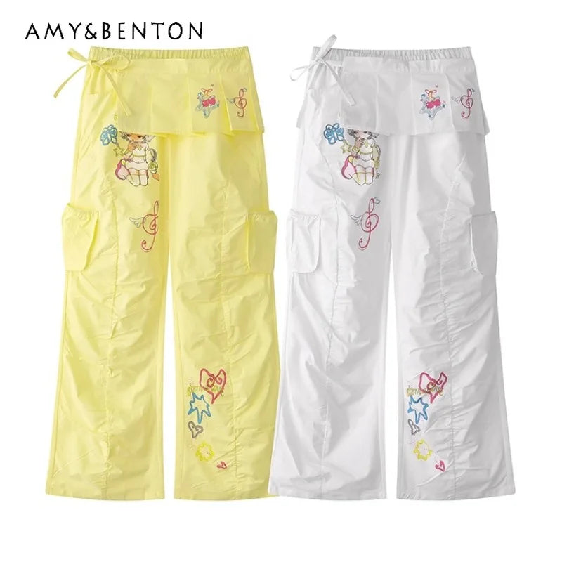2025 Spring Summer New Retro Cartoon Anime Print Women's Trousers Original Design Loose Slimming Straight Casual Pants Ladies