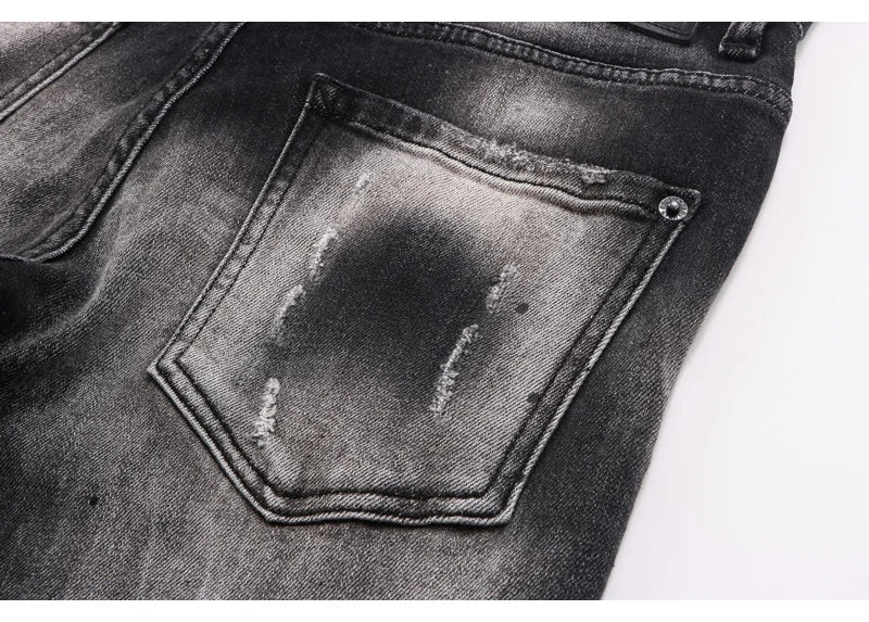 Street Fashion Men Jeans Retro Black Gray Elastic Stretch Slim Fit Hole Ripped Jeans Men Patched Designer Hip Hop Brand Pants