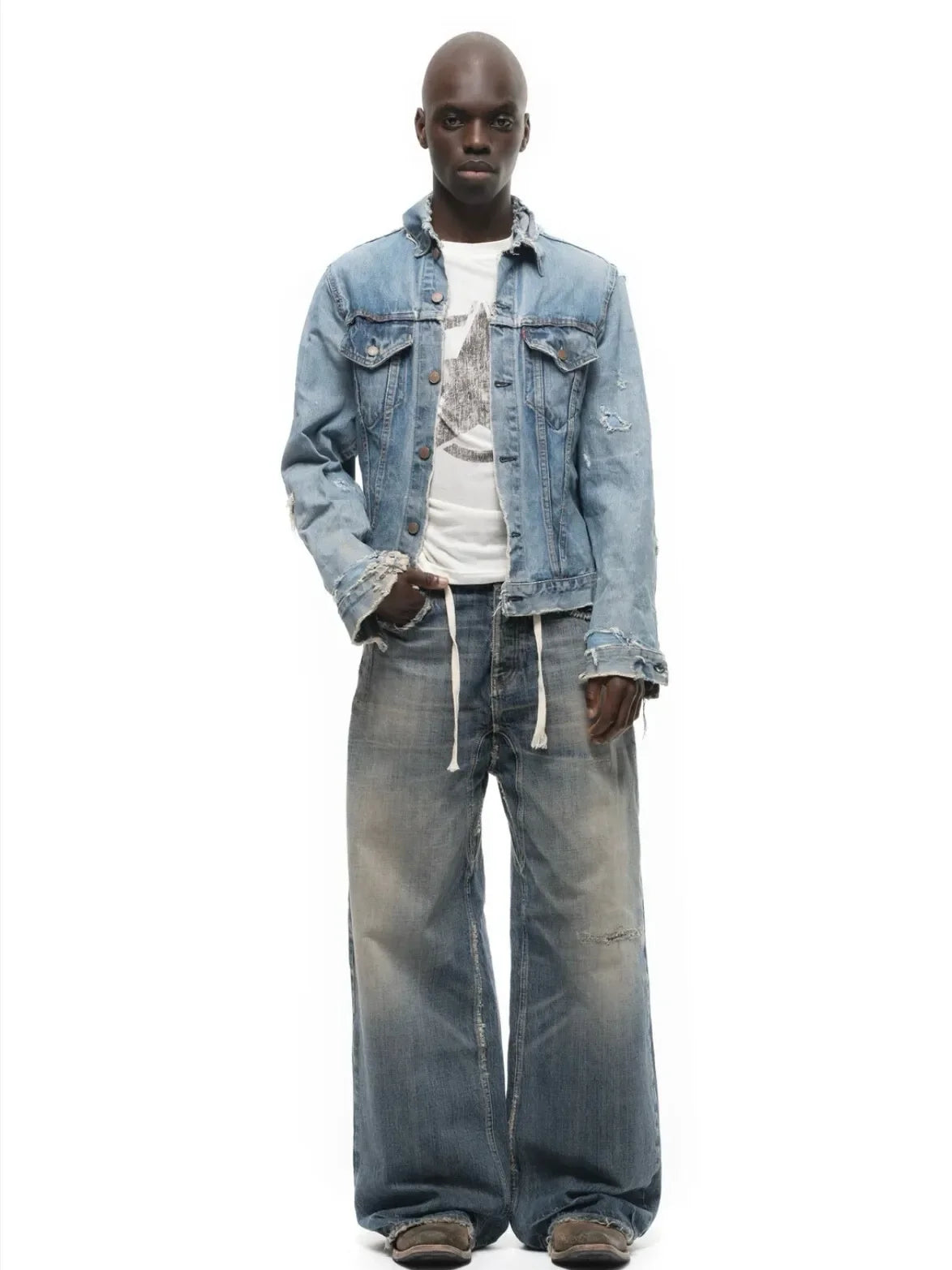No faith studios washed pussy whiskers made old handmade ripped loose wide legs light blue jeans
